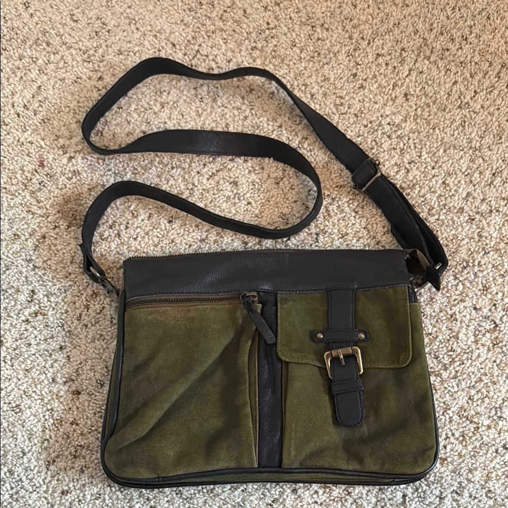 Latico Olive Suede & Black Leather Crossbody Messenger Bag